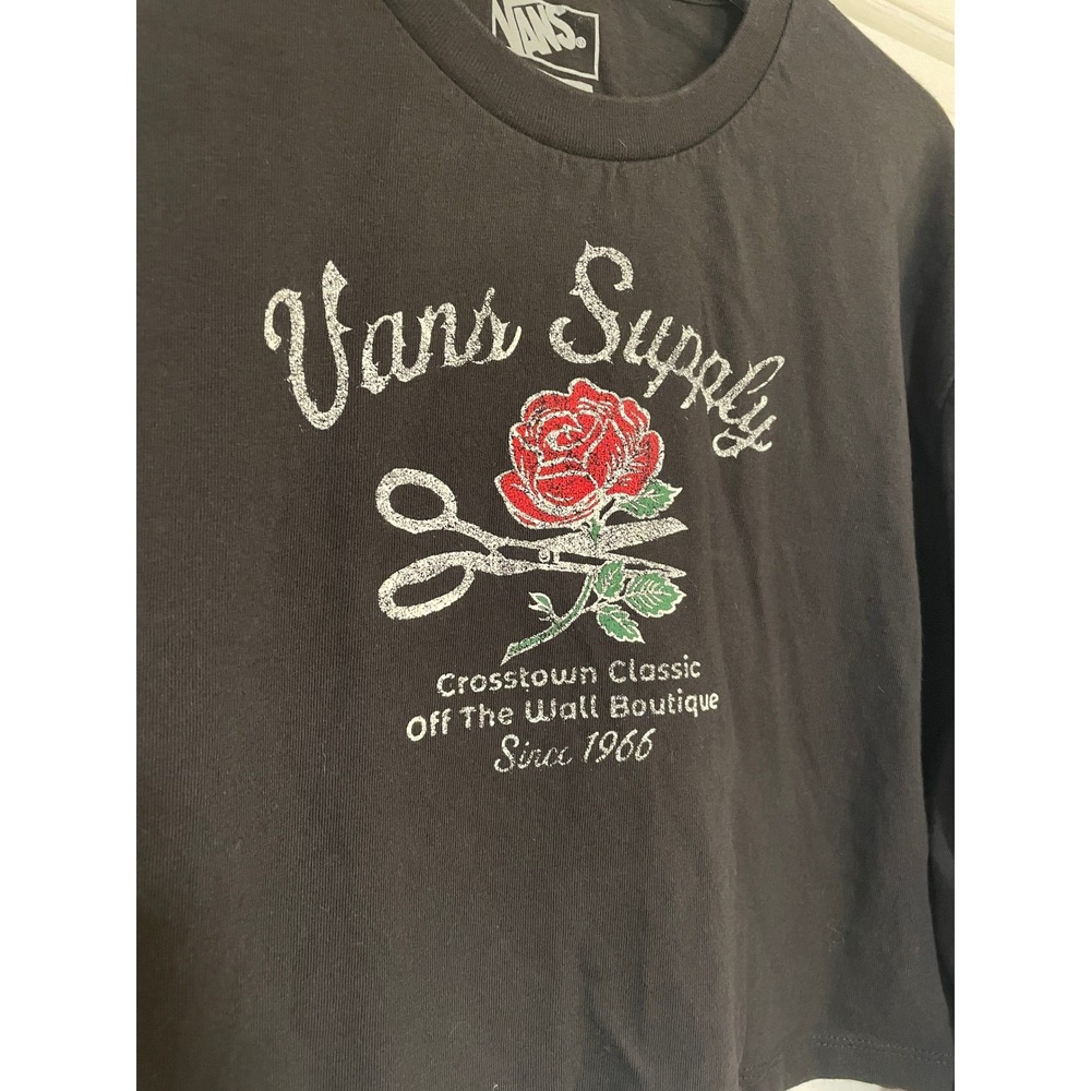 Womens S VansCropped Long Sleeve T-Shirt Top Black Rose Scissor‎ Graphic Tee